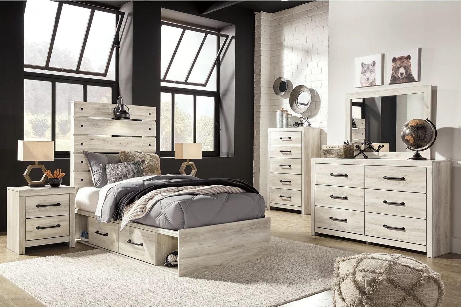 Cambeck Whitewash Twin Panel Bed with Two Underbed Storage B192B21