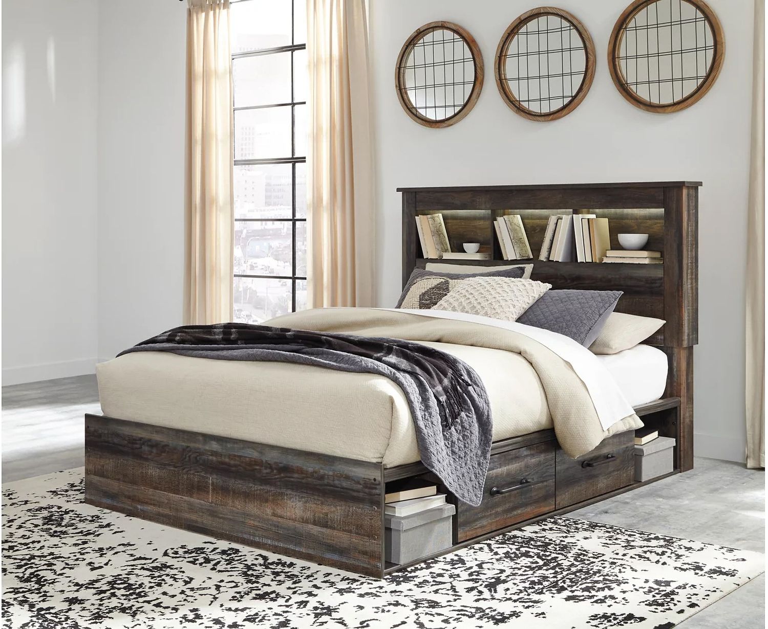 Drystan Multi Queen Bookcase Panel Bed with Side Storage B211B17
