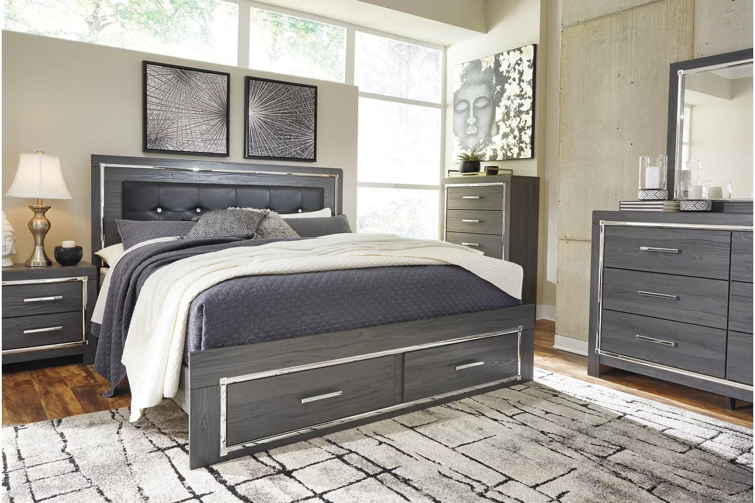 Lodanna Gray King Upholstered Panel Storage Bed B214B11