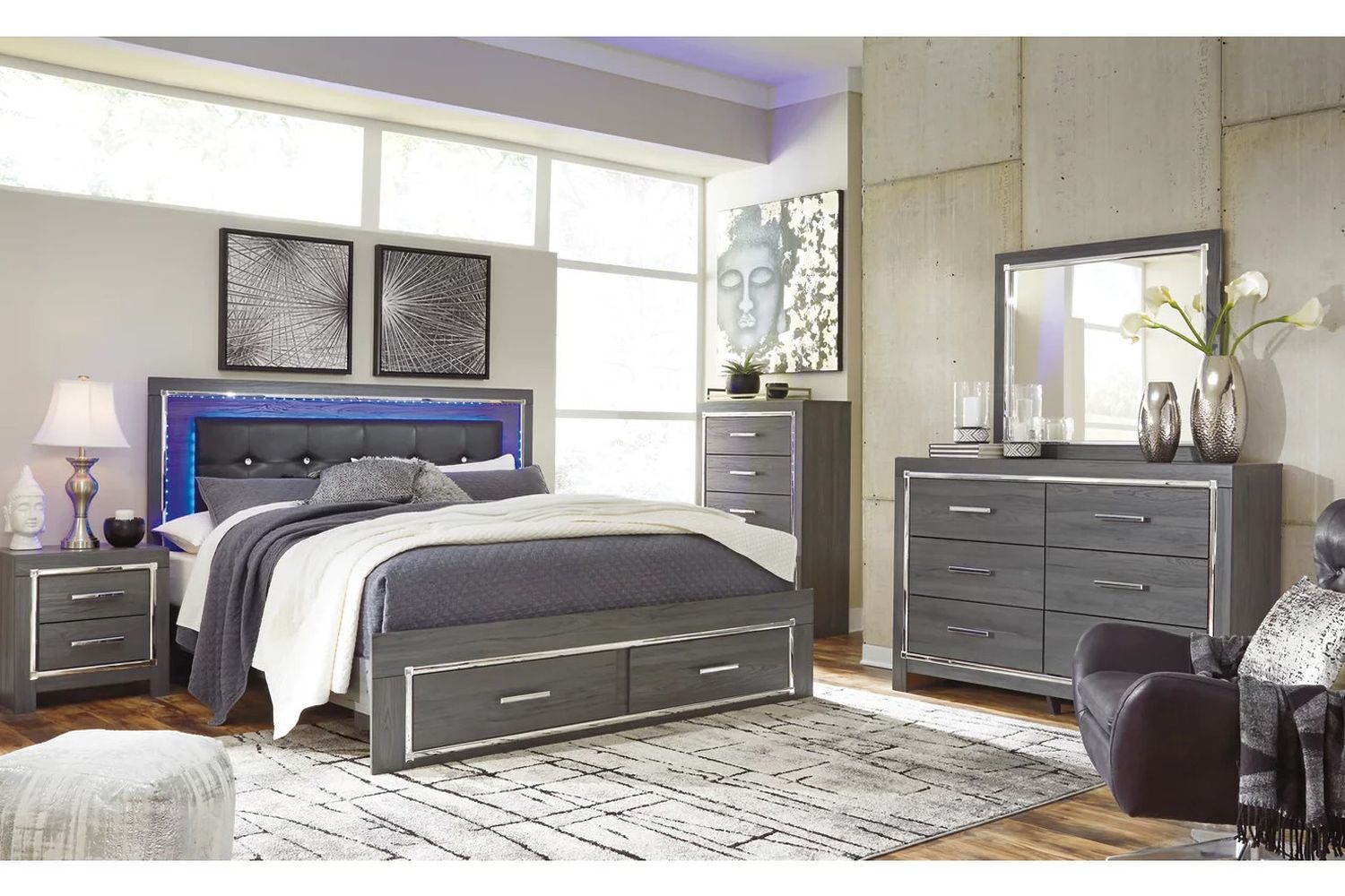 Lodanna Gray King Upholstered Panel Storage Bed B214B11