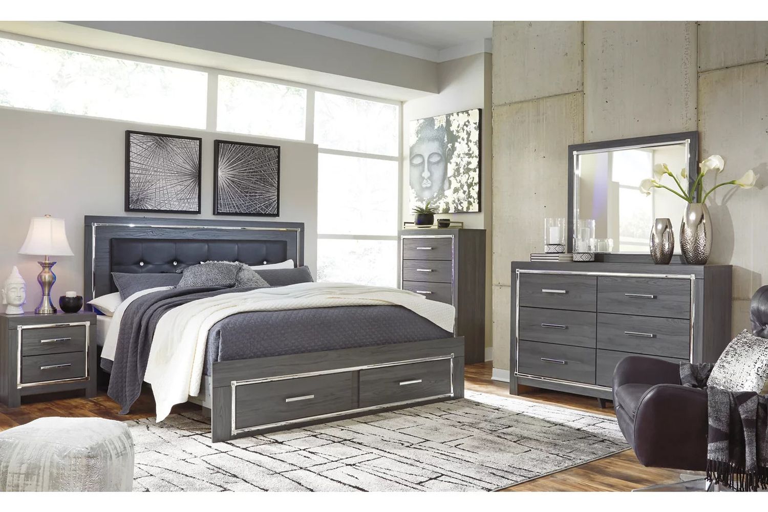 Lodanna Gray King Upholstered Panel Storage Bed B214B11