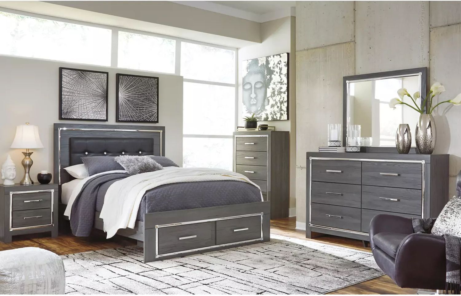 Lodanna Gray Queen Upholstered Panel Storage Bed B214B3
