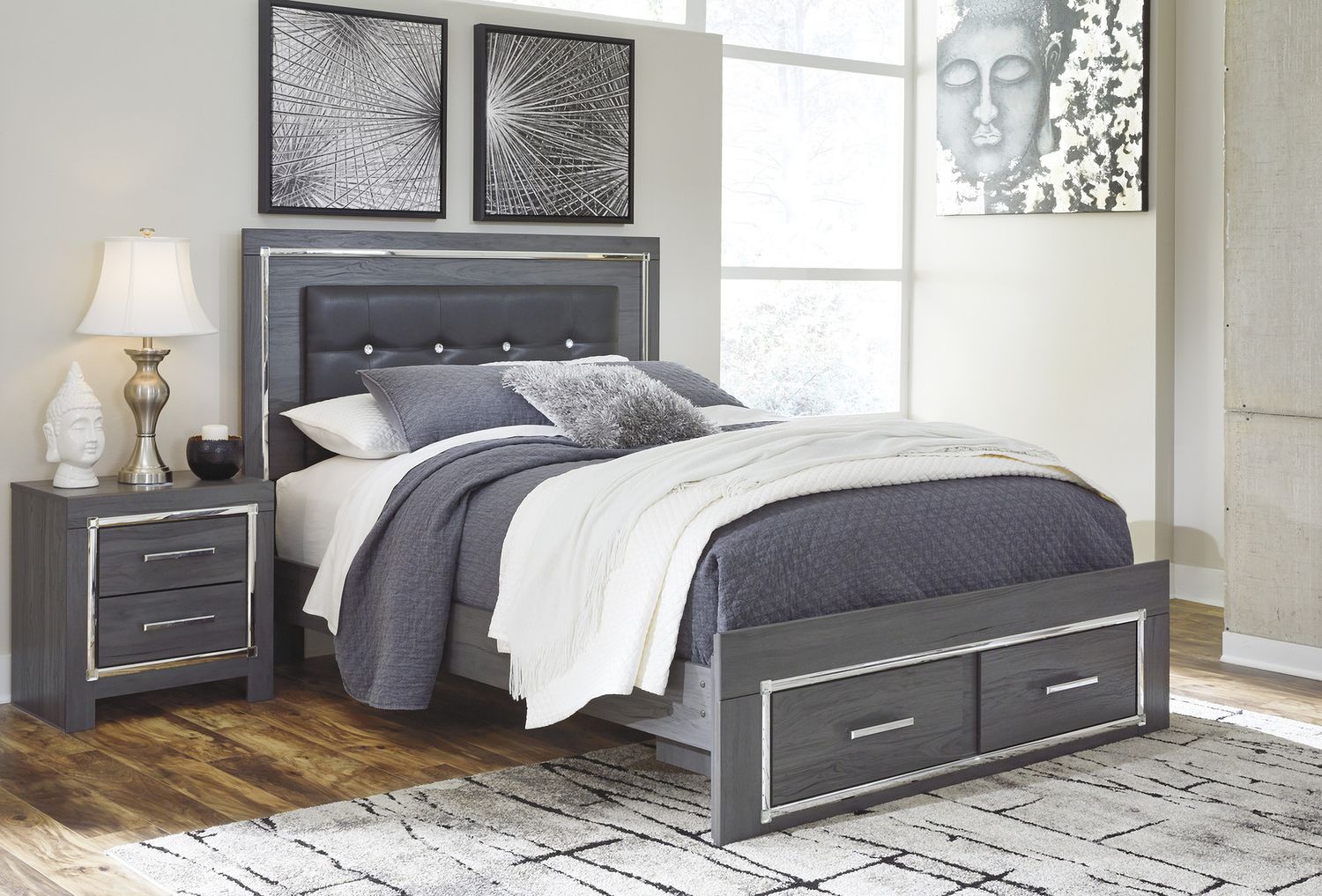 Lodanna Gray Queen Upholstered Panel Storage Bed B214B3