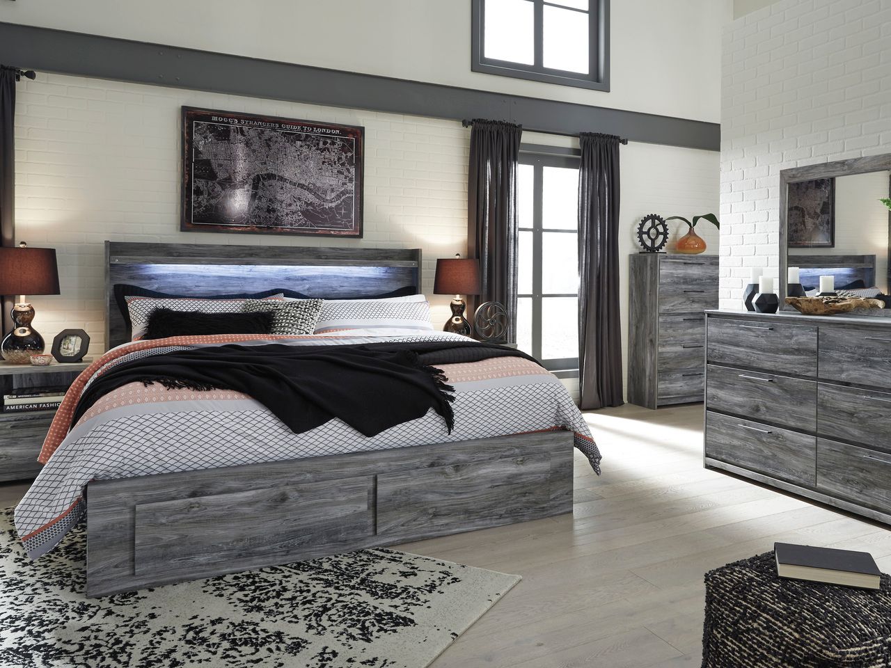 Baystorm King Panel Bed with 2 Storage Drawers In Gray B221B12