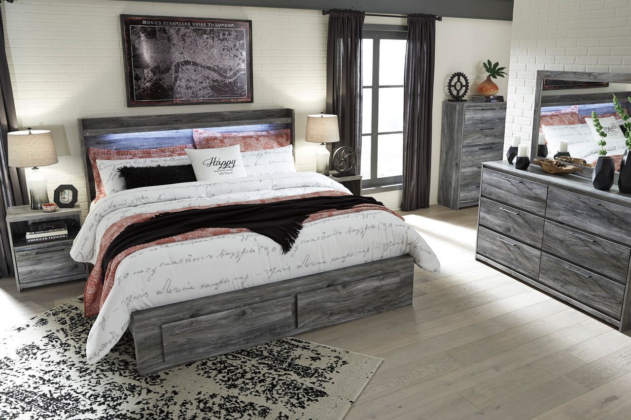 Baystorm King Panel Bed with 2 Storage Drawers In Gray B221B12