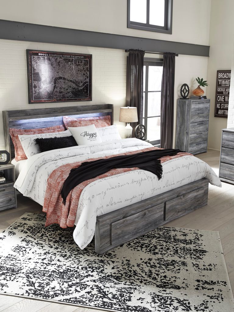 Baystorm King Panel Bed with 2 Storage Drawers In Gray B221B12