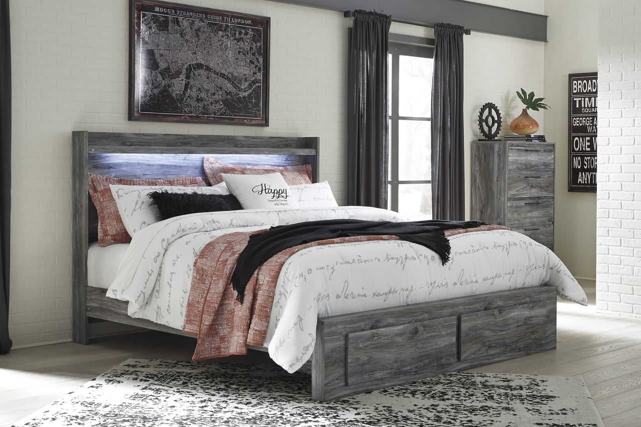 Baystorm King Panel Bed with 2 Storage Drawers In Gray B221B12