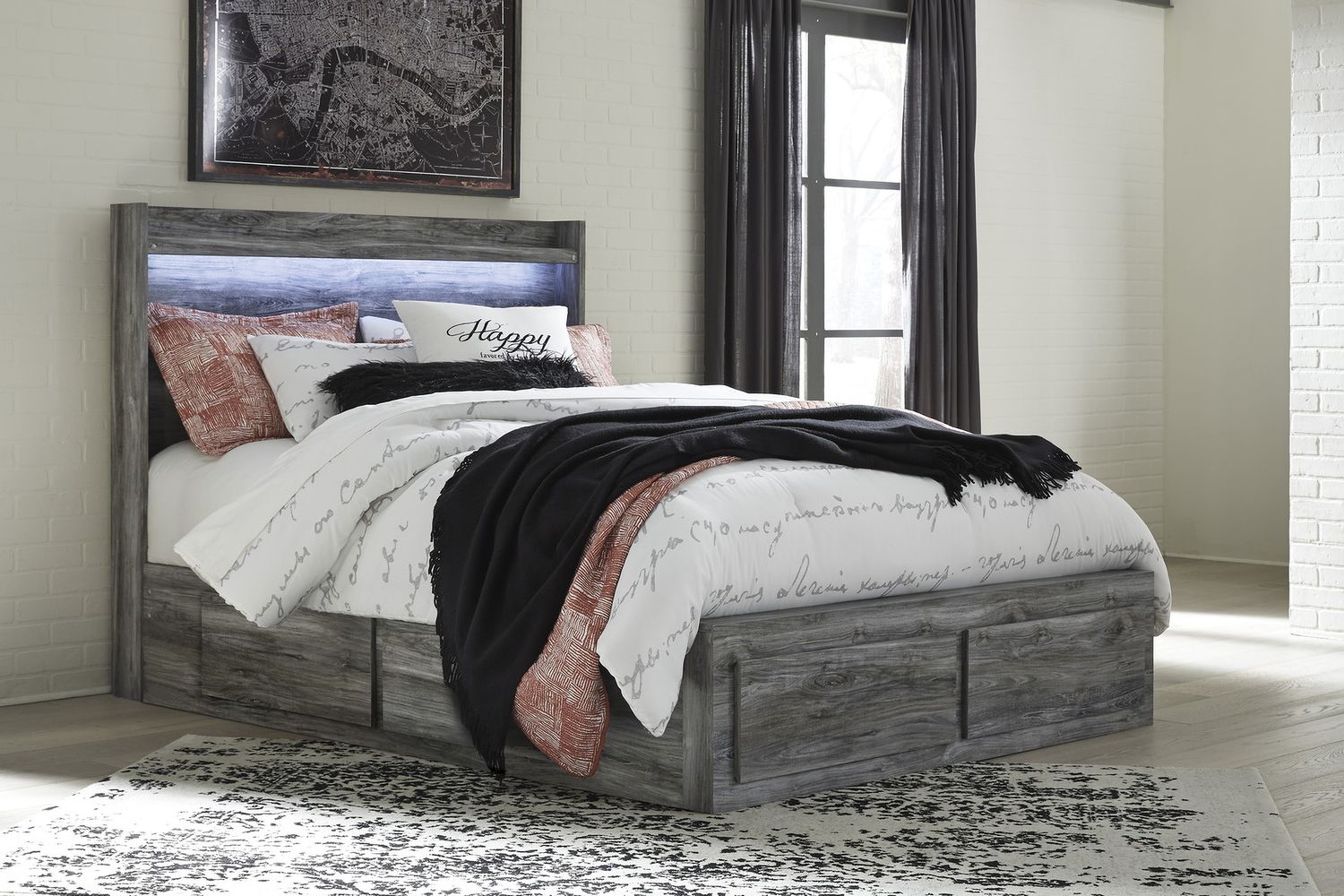 Baystorm King Panel Bed with 4 Storage Drawers In Gray B221B15