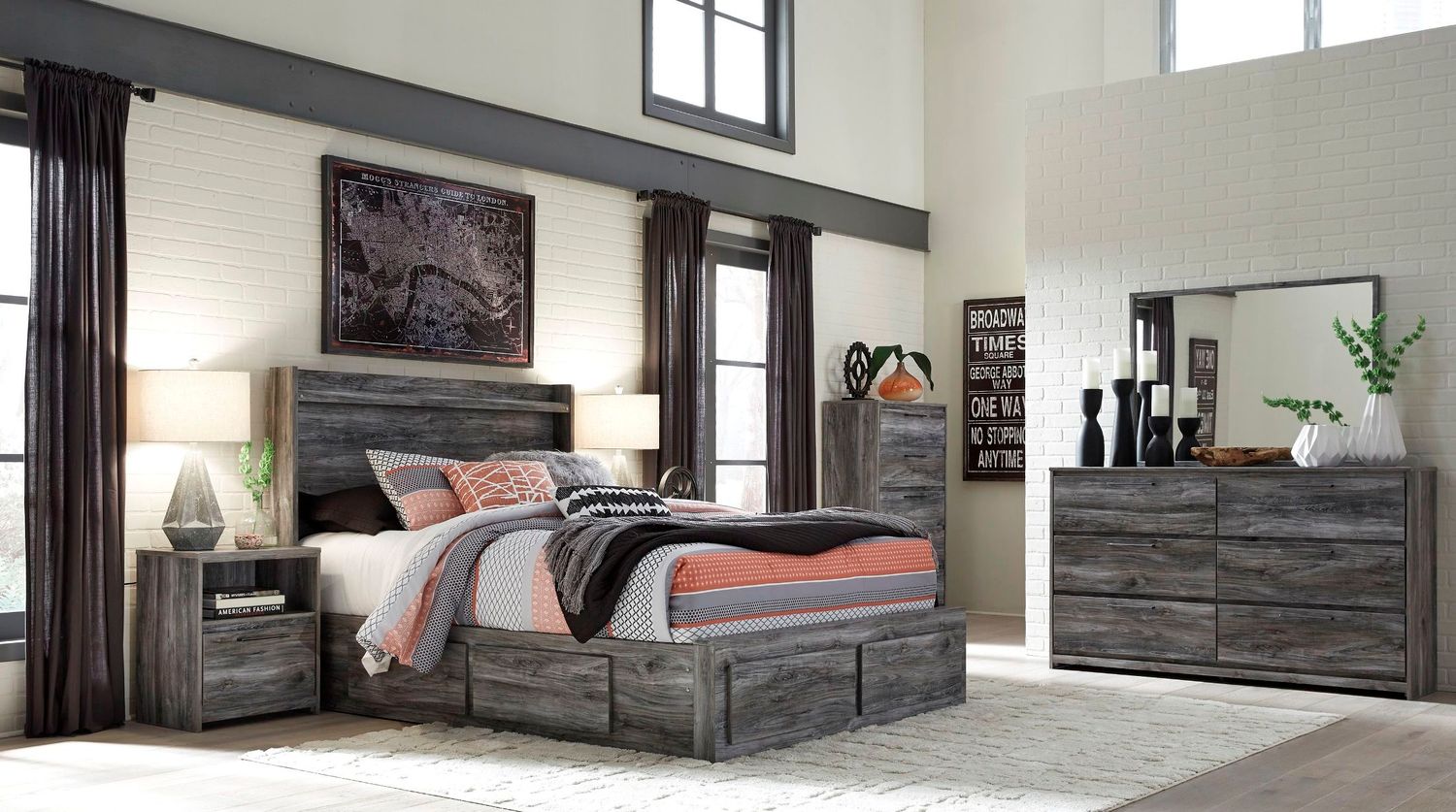 Baystorm King Panel Bed with 6 Storage Drawers In Gray B221B16