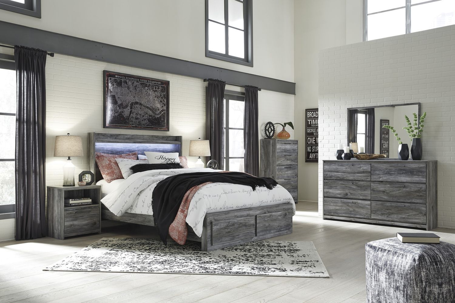 Baystorm Queen Panel Bed with 2 Storage Drawers In Gray B221B5