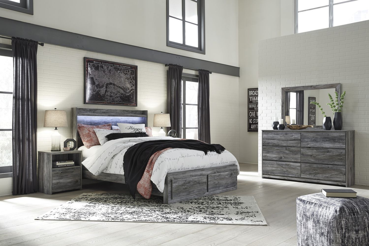 Baystorm Queen Panel Bed with 2 Storage Drawers In Gray B221B5