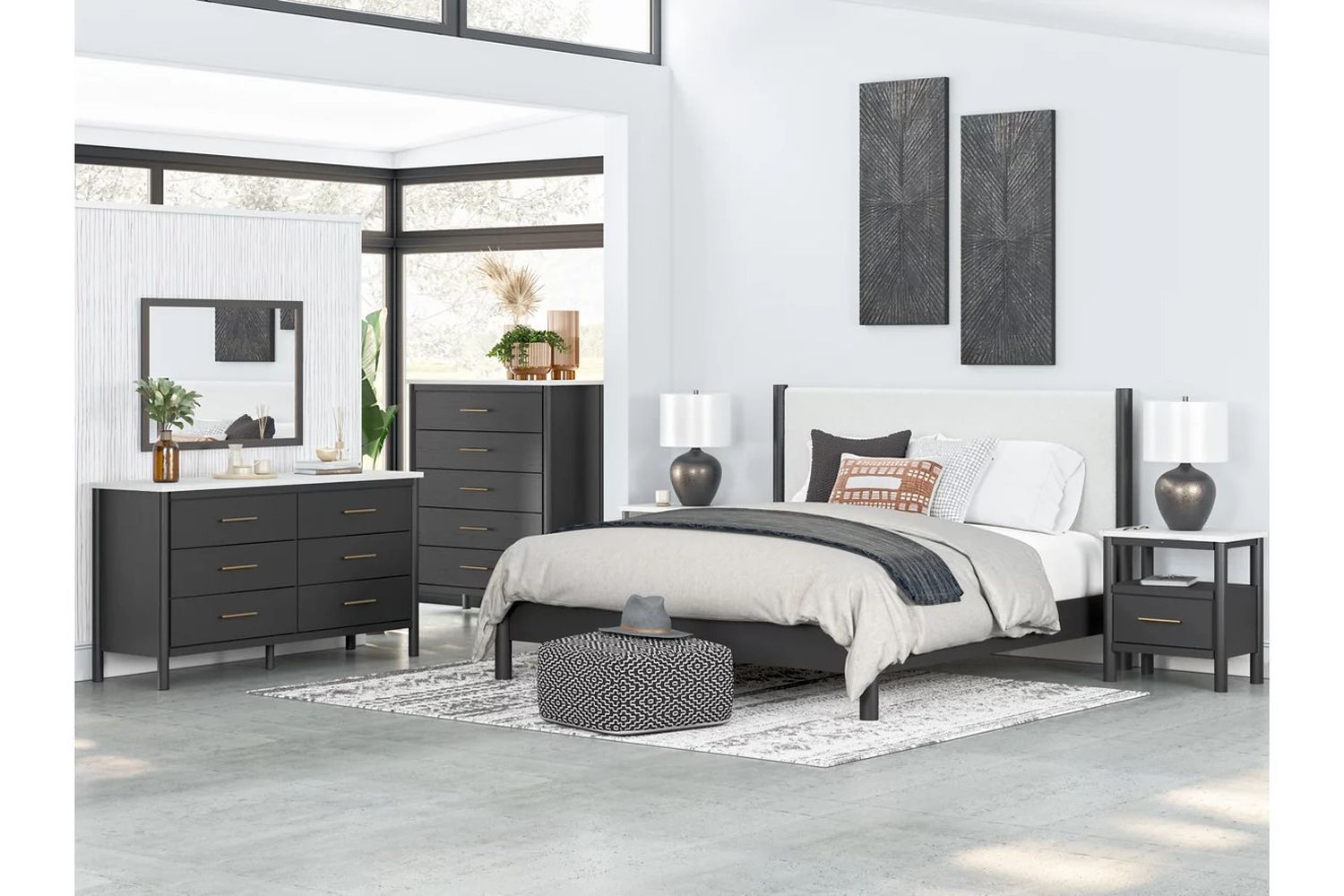 Cadmori Upholstered Panel Bedroom Set In Black and White B2616B4
