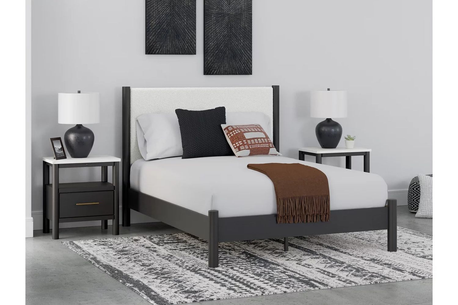 Cadmori Upholstered Panel Bedroom Set In Black and White B2616B4
