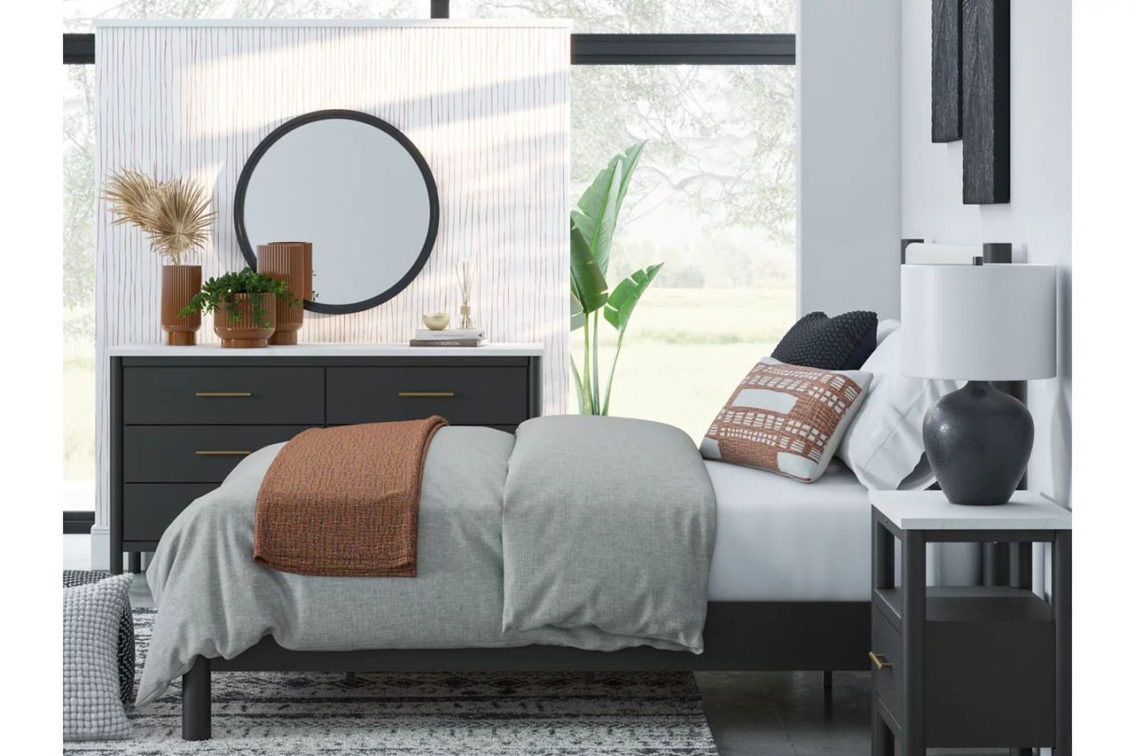 Cadmori Upholstered Panel Bedroom Set In Black and White B2616B4