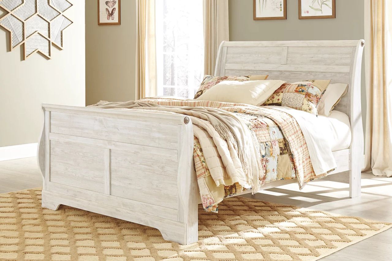Willowton Queen Sleigh Bed In Washed White B267B29