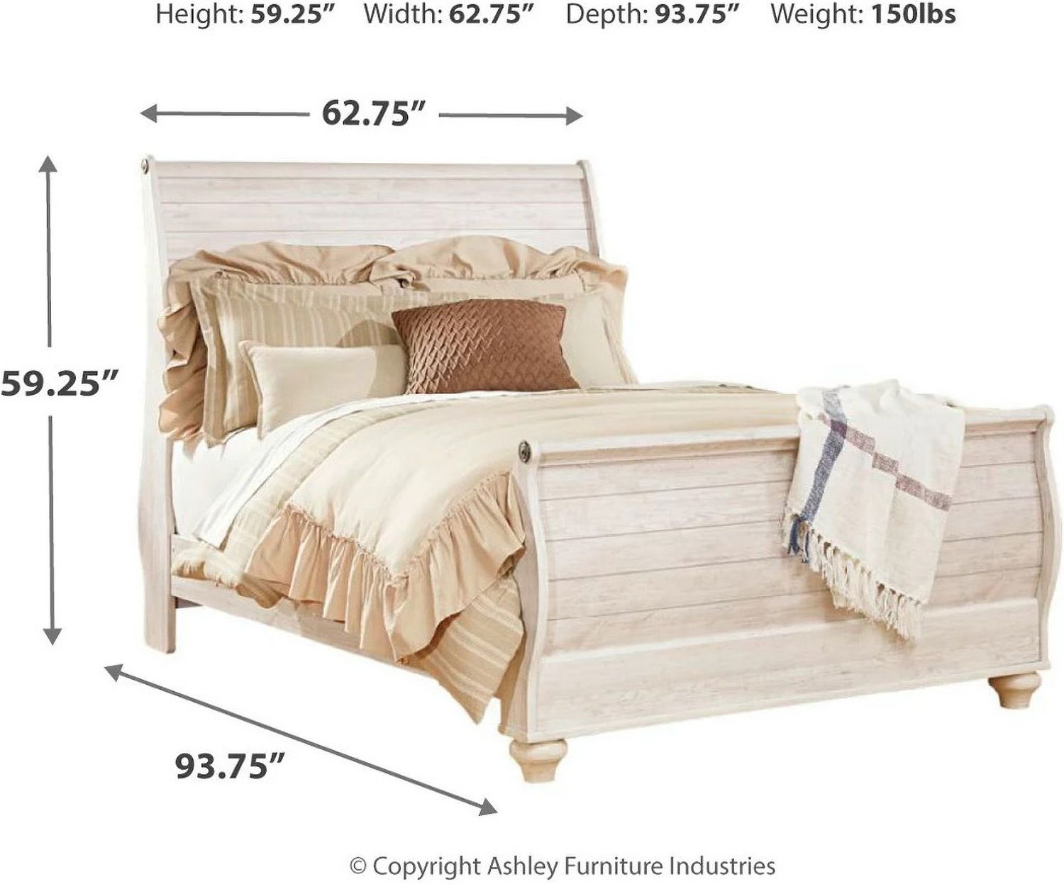 Willowton Queen Sleigh Bed In Washed White B267B4