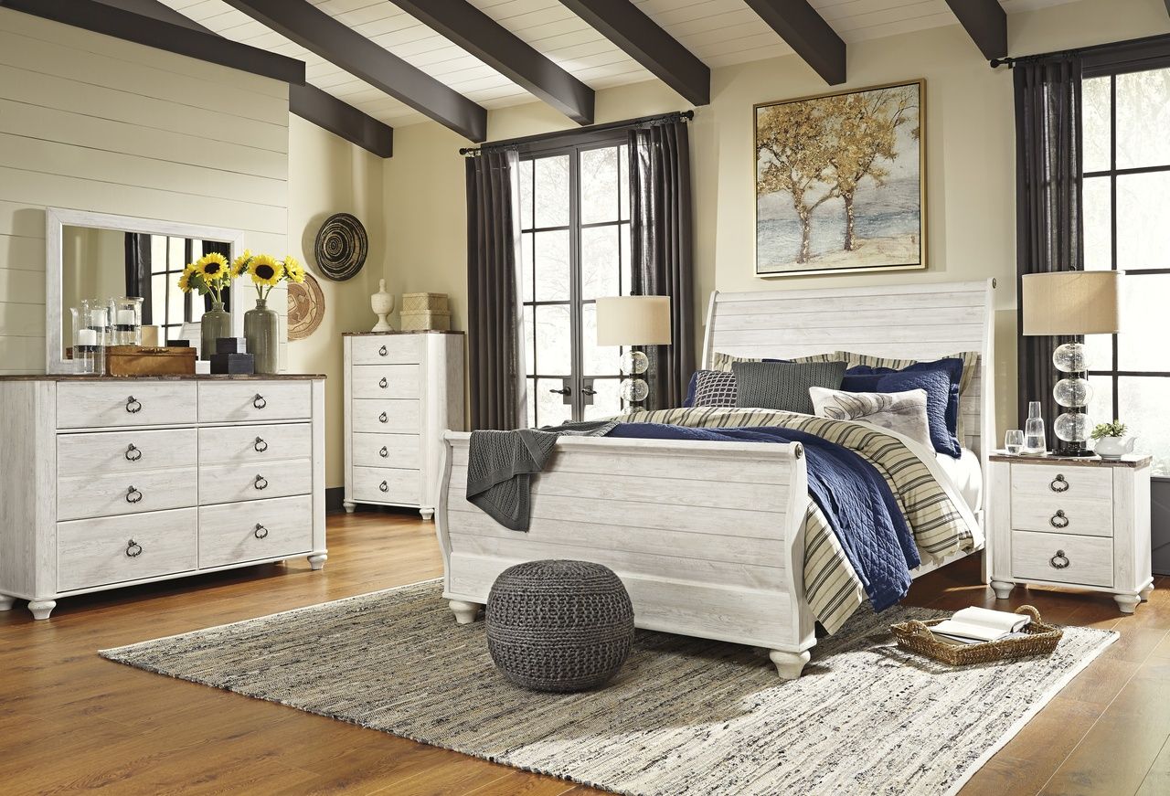 Willowton Queen Sleigh Bed In Washed White B267B4