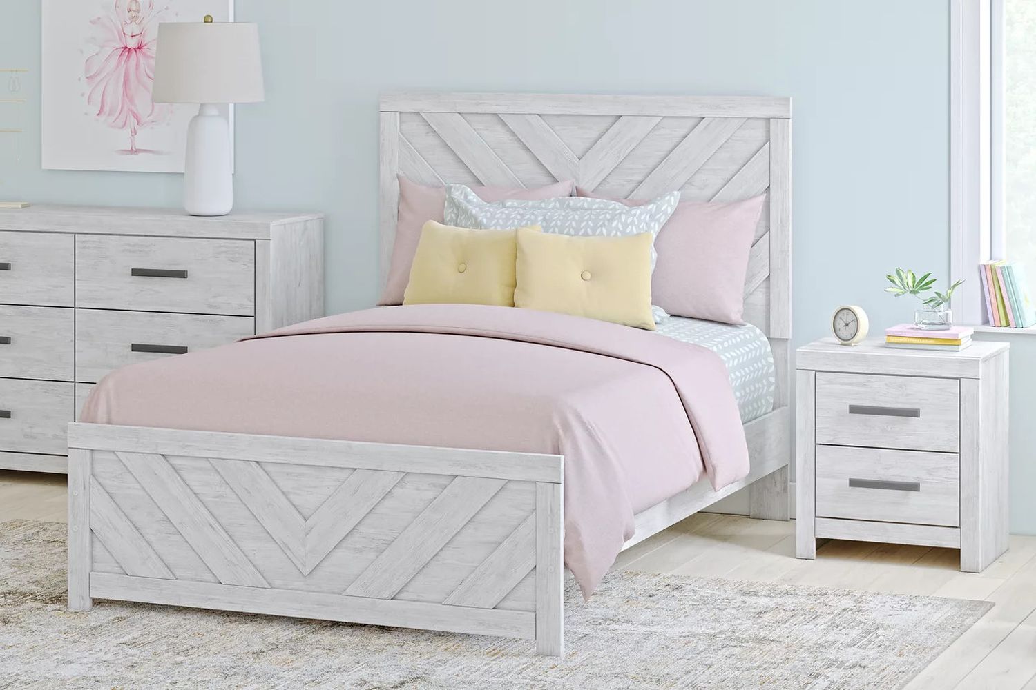 Cayboni Full Panel Bed In Washed White B3788B2