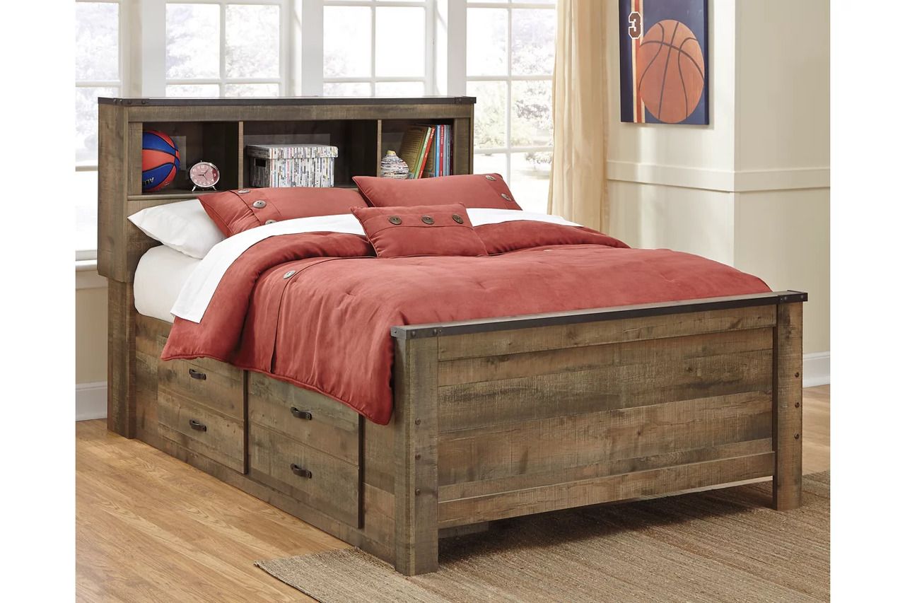 Trinell Full Bookcase Bed with 2 Sided Storage In Brown B446B79