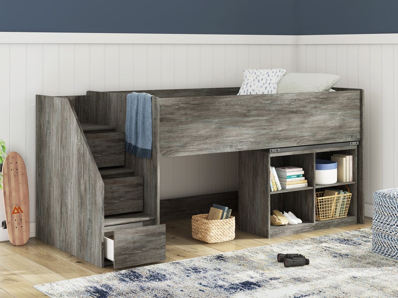 Frandern Twin Loft Bed with Bookcase Storage In Gray B4480B14