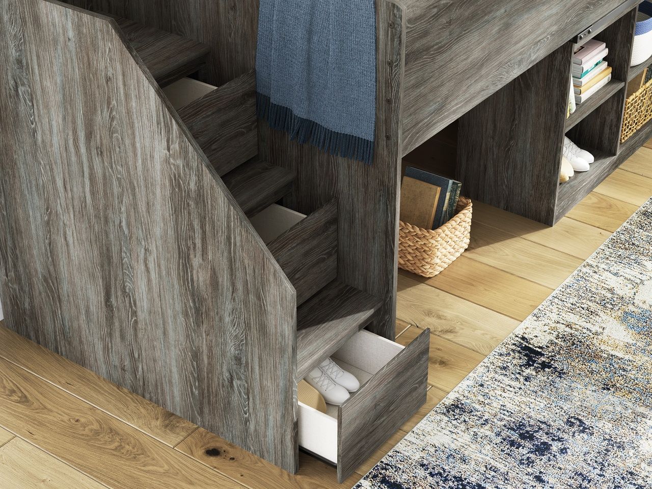 Frandern Twin Loft Bed with Bookcase Storage In Gray B4480B14