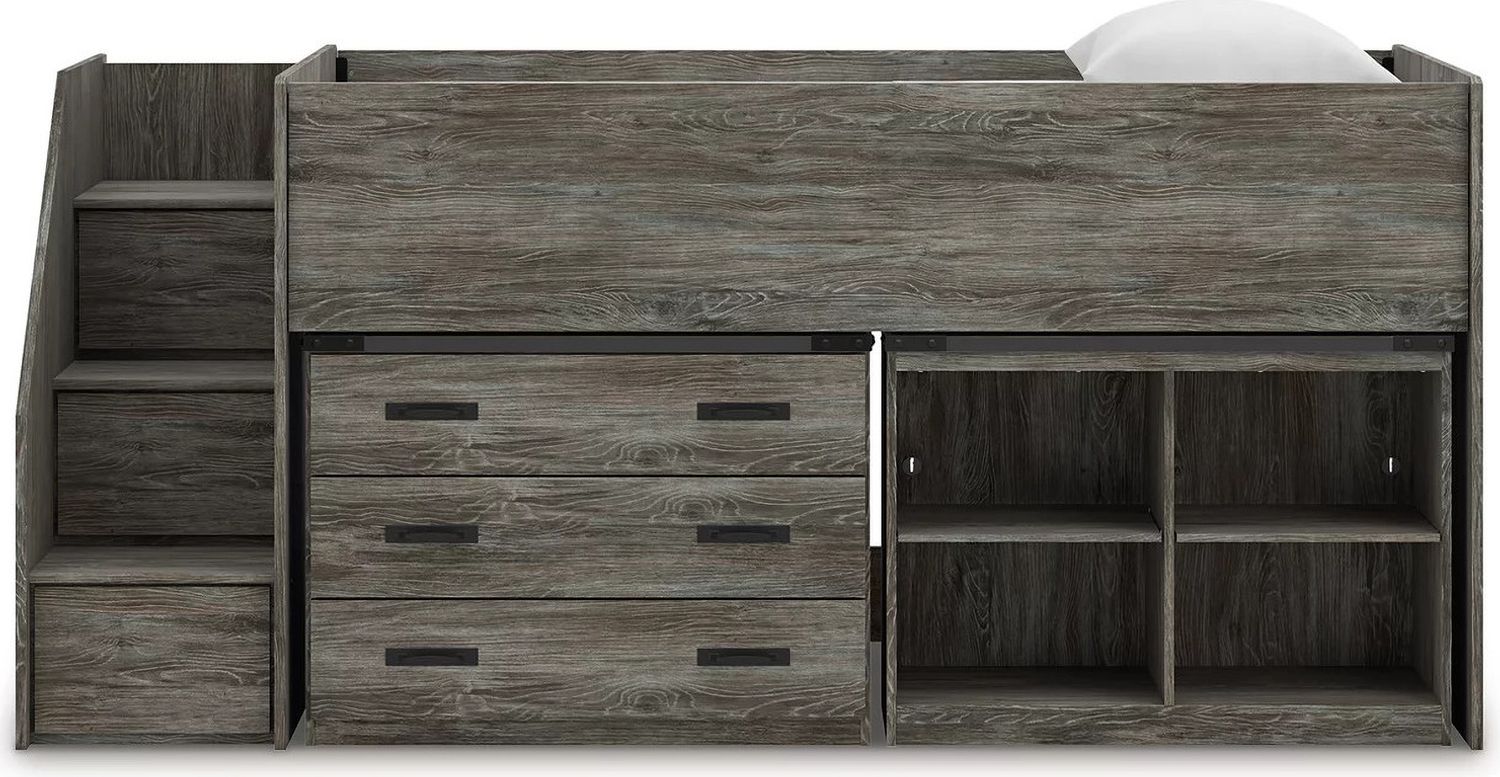 Frandern Twin Loft Bed with Bookcase and Drawer Storage In Gray B4480B16