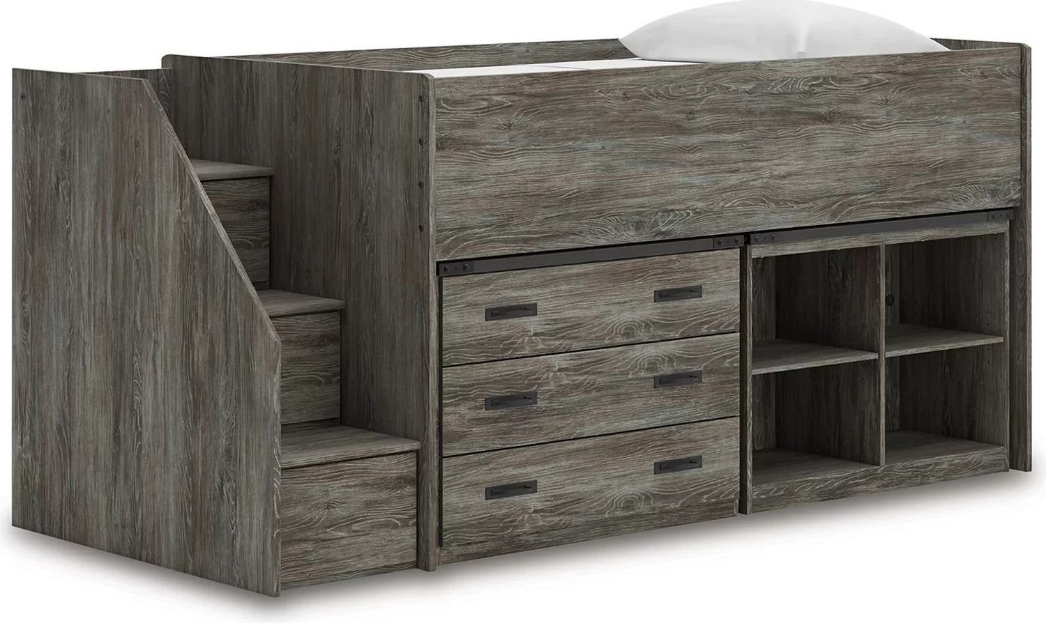 Frandern Twin Loft Bed with Bookcase and Drawer Storage In Gray B4480B16