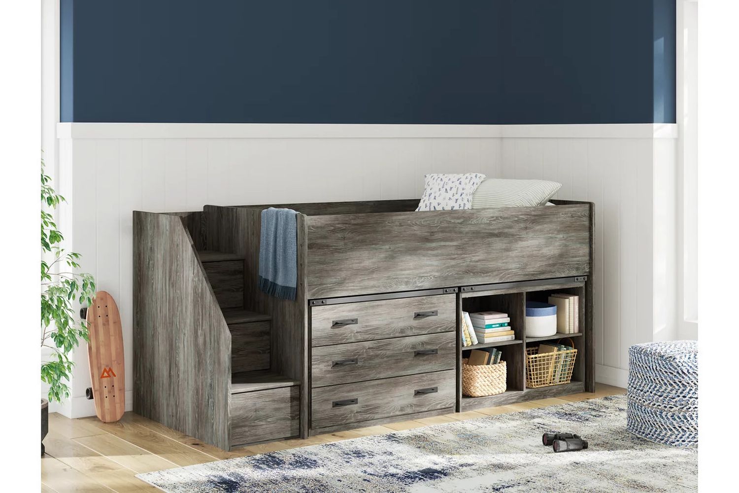 Frandern Twin Loft Bed with Bookcase and Drawer Storage In Gray B4480B16