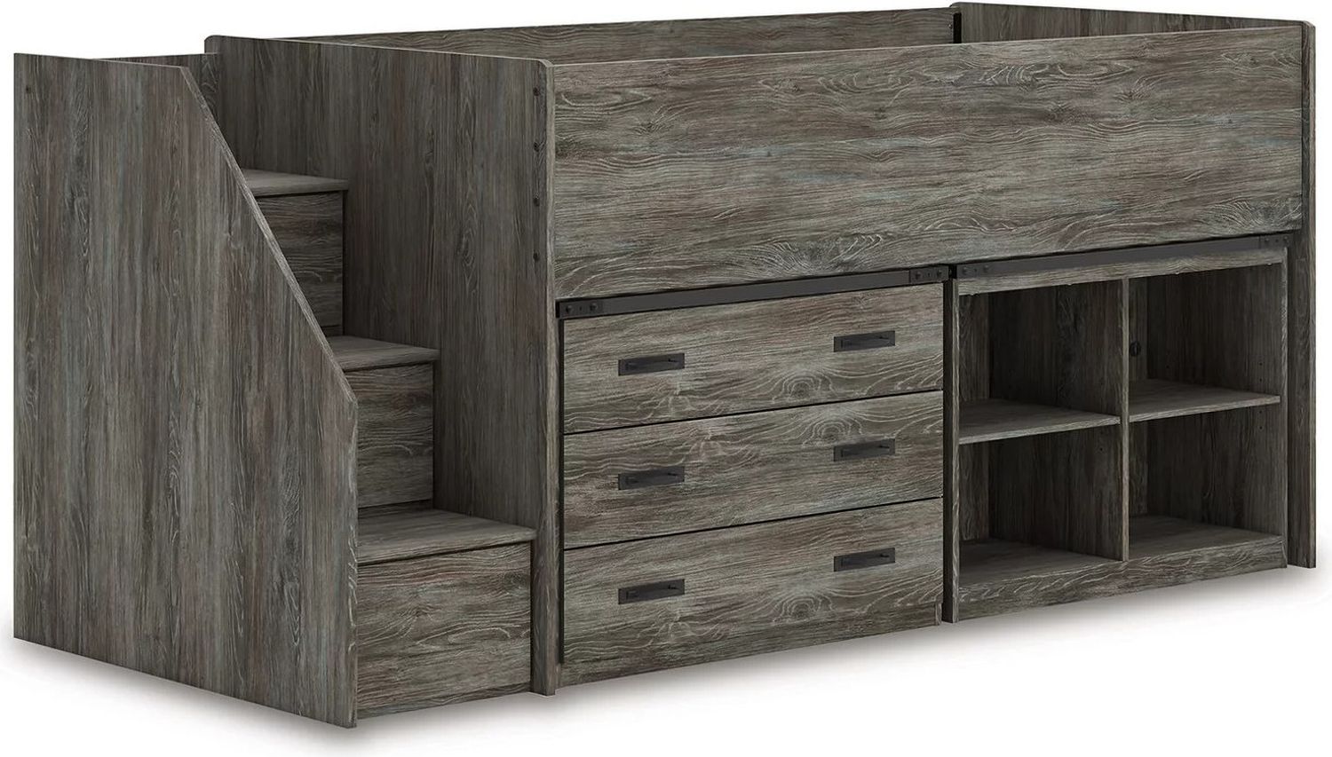 Frandern Twin Loft Bed with Bookcase and Drawer Storage In Gray B4480B16