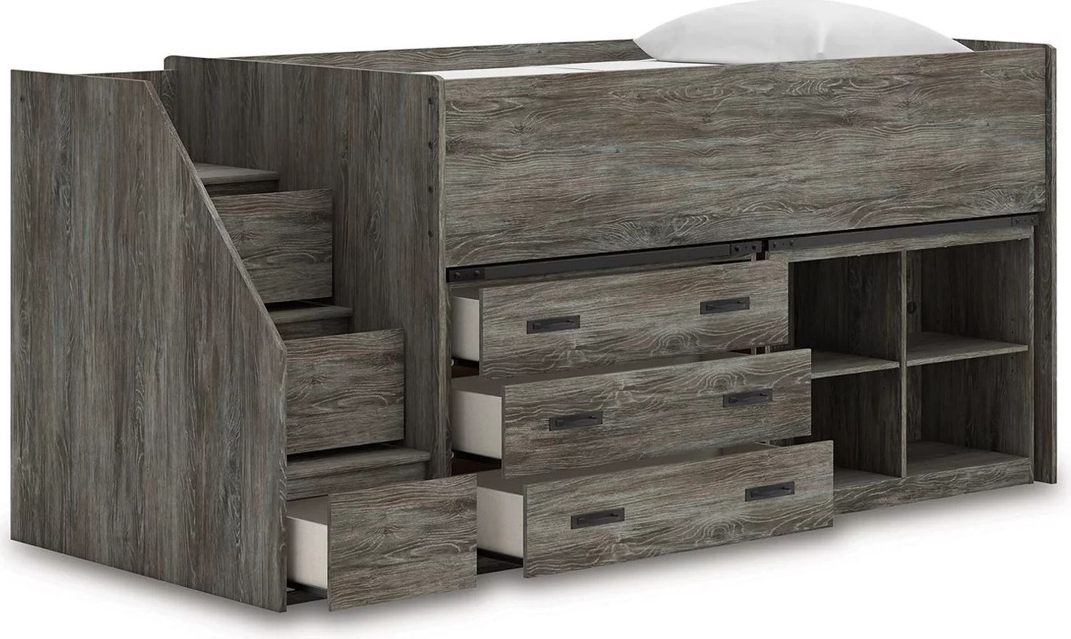 Frandern Twin Loft Bed with Bookcase and Drawer Storage In Gray B4480B16