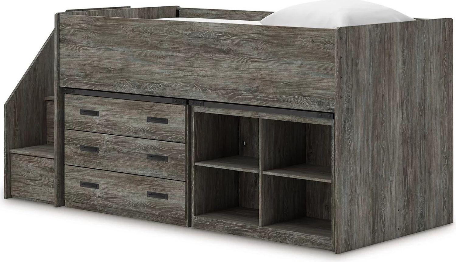 Frandern Twin Loft Bed with Bookcase and Drawer Storage In Gray B4480B16