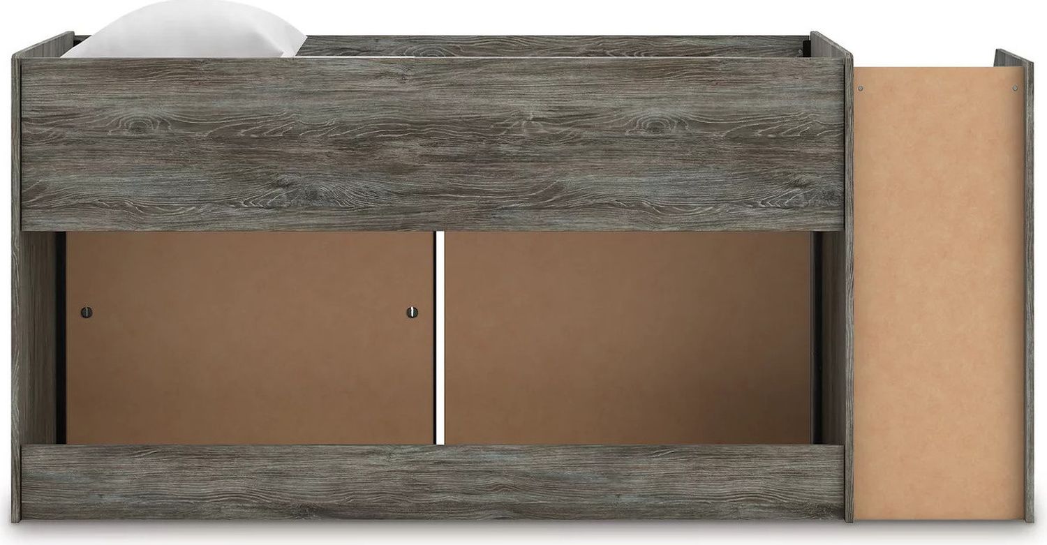 Frandern Twin Loft Bed with Bookcase and Drawer Storage In Gray B4480B16