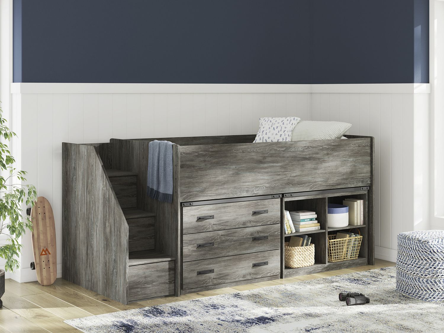Frandern Twin Loft Bed with Bookcase and Drawer Storage In Gray B4480B16