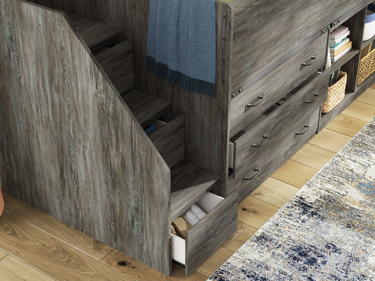Frandern Twin Loft Bed with Bookcase and Drawer Storage In Gray B4480B16