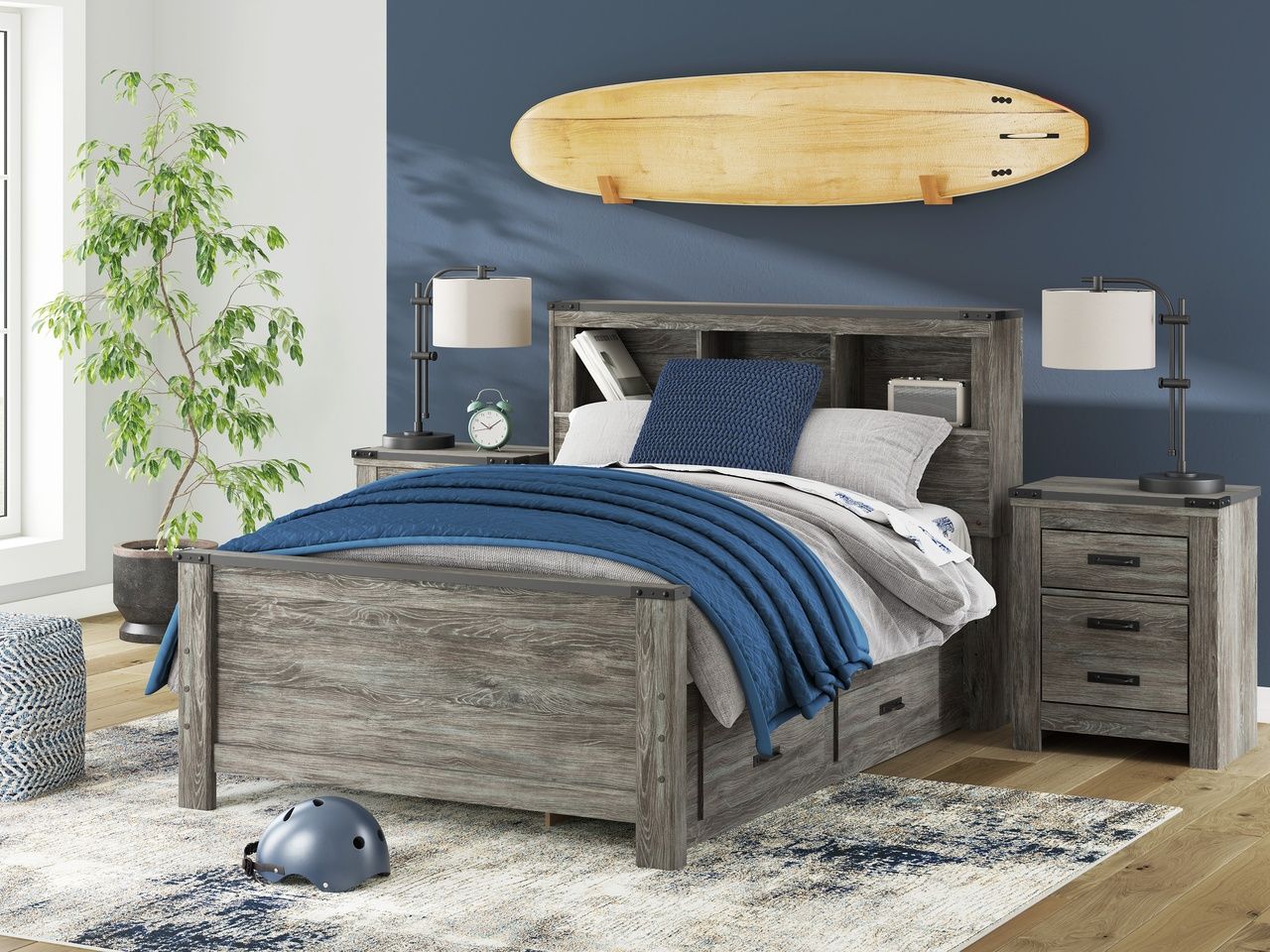 Frandern Full Bookcase Panel Bed with Storage In Gray B4480B9