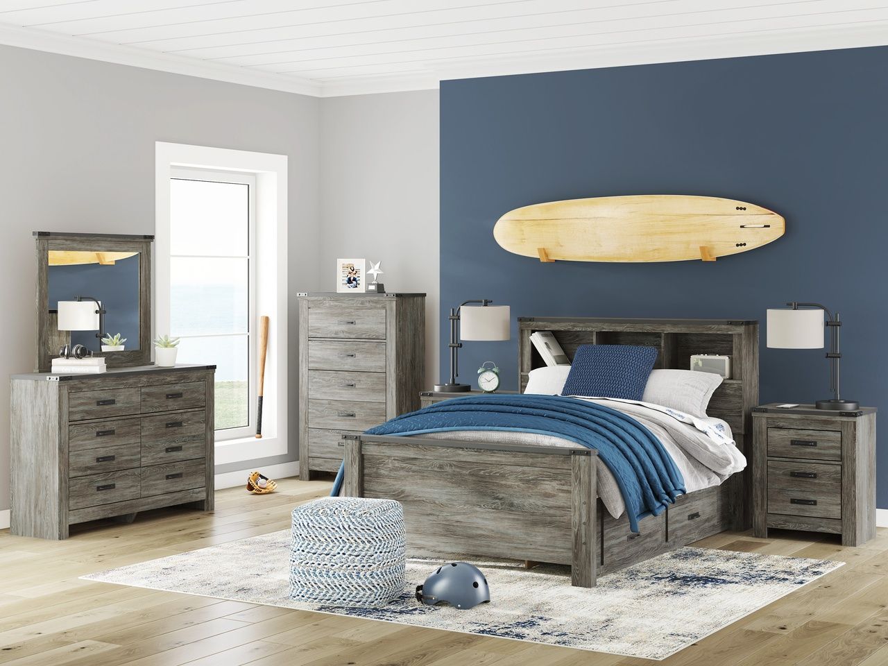 Frandern Full Bookcase Panel Bed with Storage In Gray B4480B9