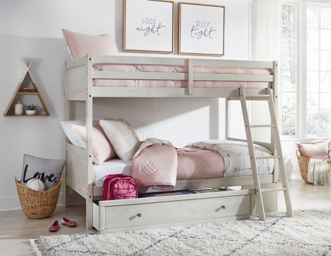 Robbinsdale Antique White Twin Over Twin Bunk Bed With Ladder B74259