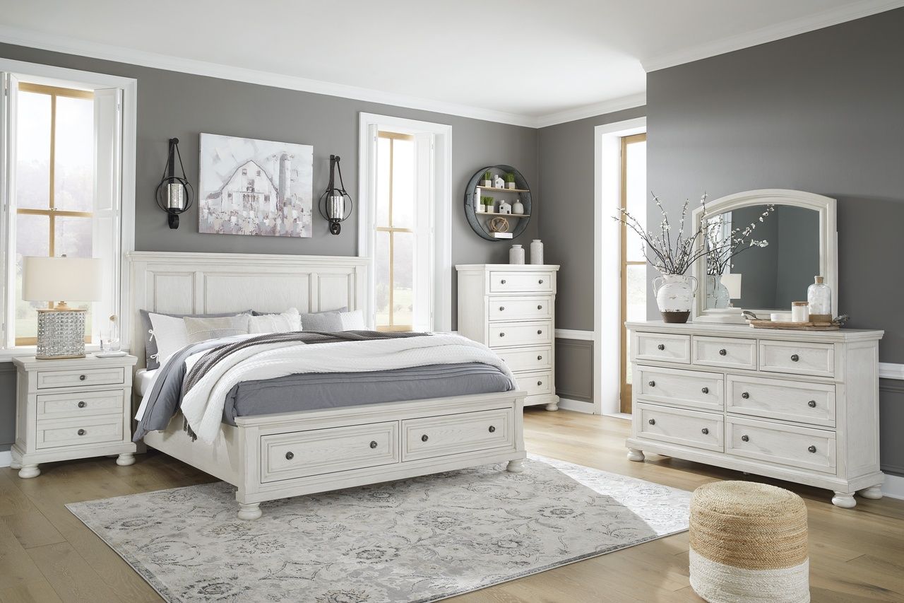 Robbinsdale King Panel Storage Bed In Antique White B742B25