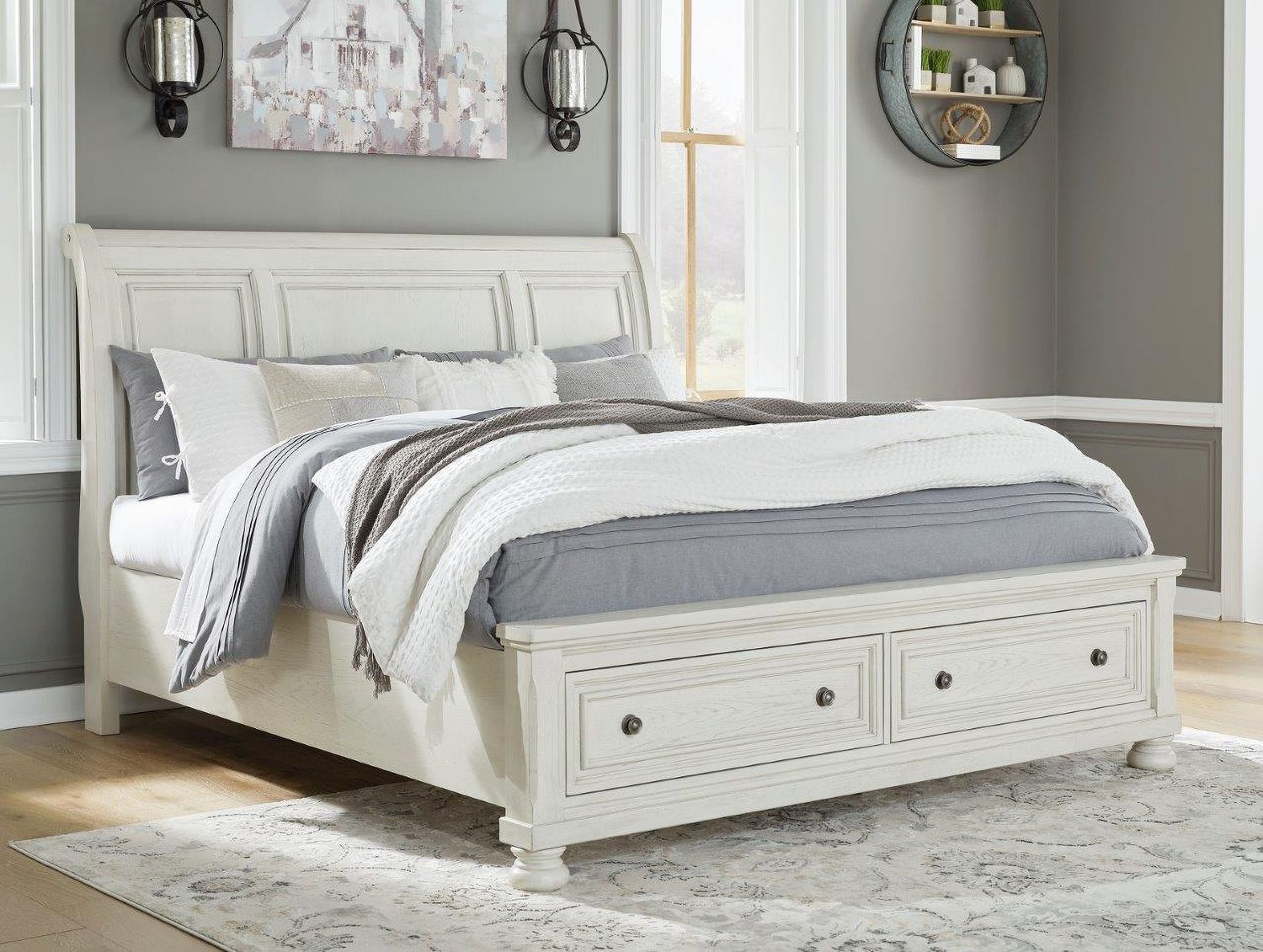Robbinsdale Antique White Queen Sleigh Storage Bed B742B3