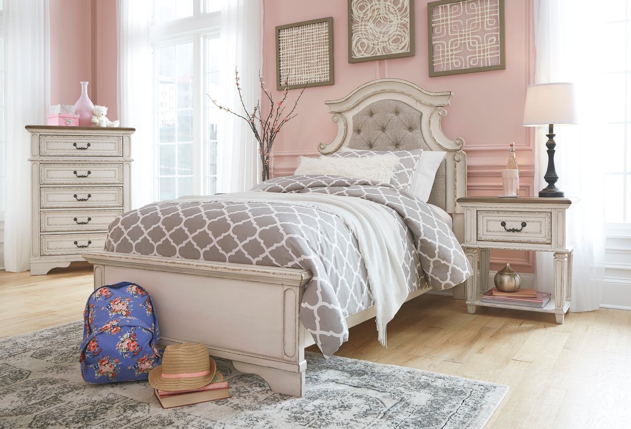 Realyn Chipped White Twin Upholstered Panel Headboard Only B74353
