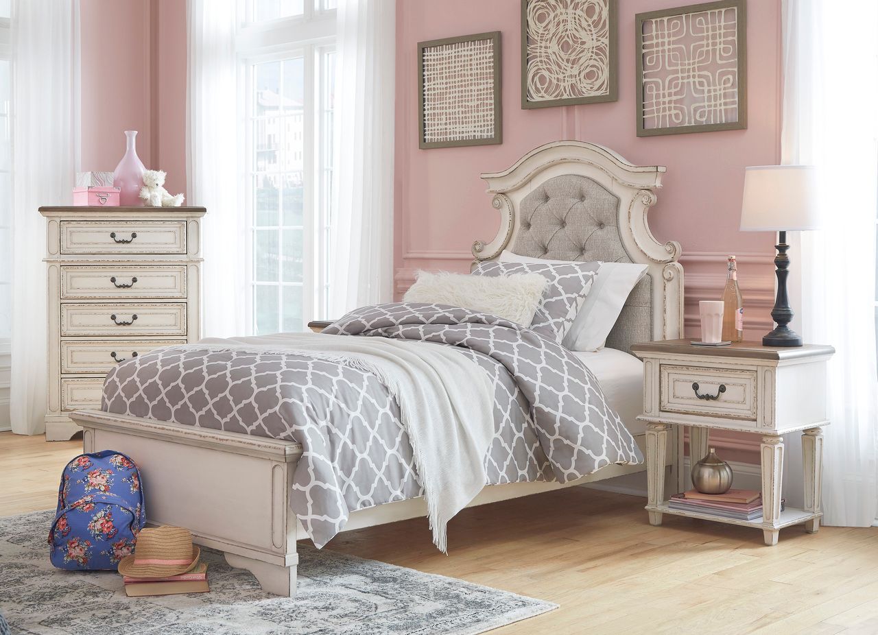 Realyn Chipped White Twin Upholstered Panel Headboard Only B74353