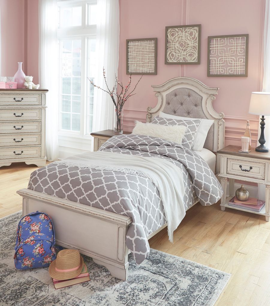Realyn Chipped White Twin Upholstered Panel Headboard Only B74353