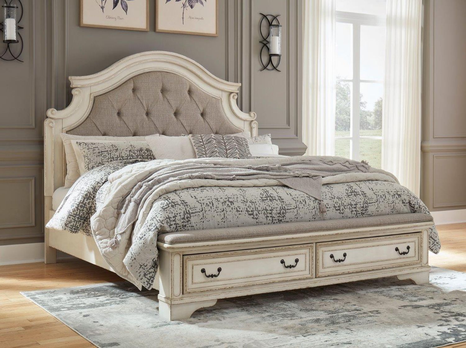 Realyn White Queen Upholstered Panel Bed With Bench Footboard B743B18