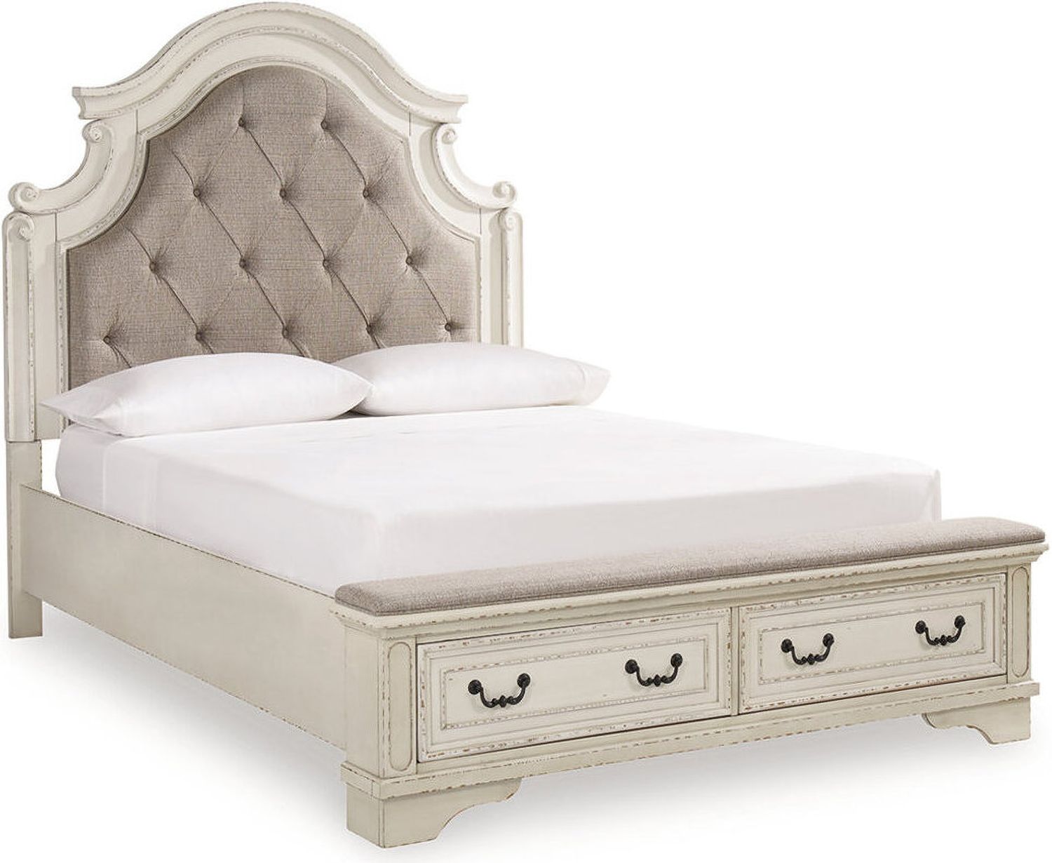 Realyn White Queen Upholstered Panel Bed With Bench Footboard B743B18