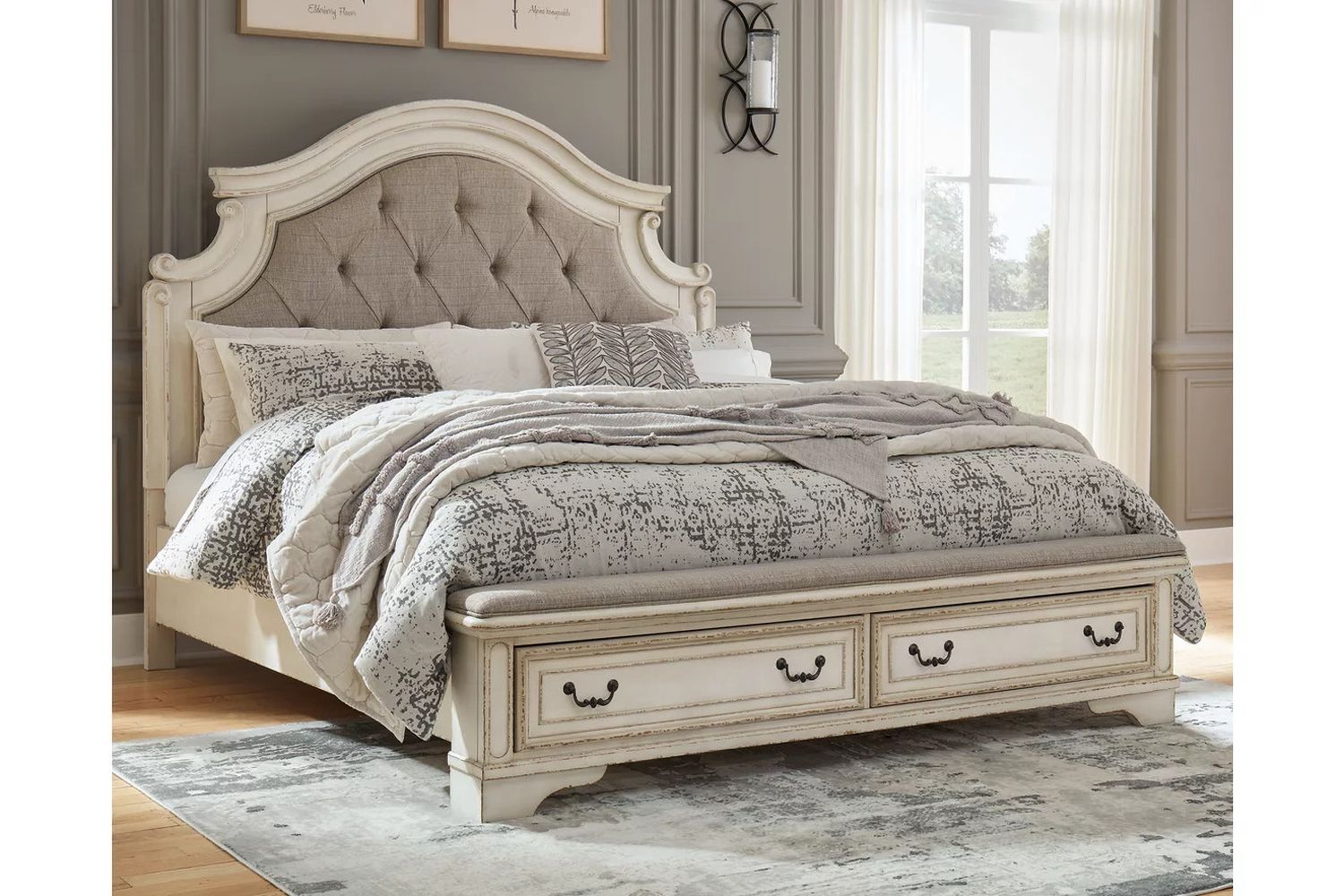 Realyn White King Upholstered Panel Bed With Bench Footboard B743B20