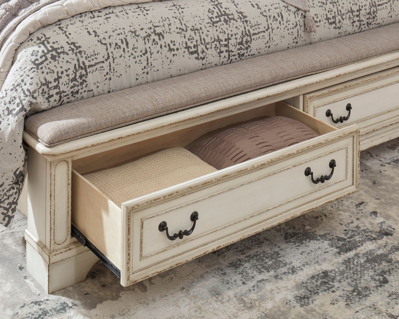 Realyn White King Upholstered Panel Bed With Bench Footboard B743B20