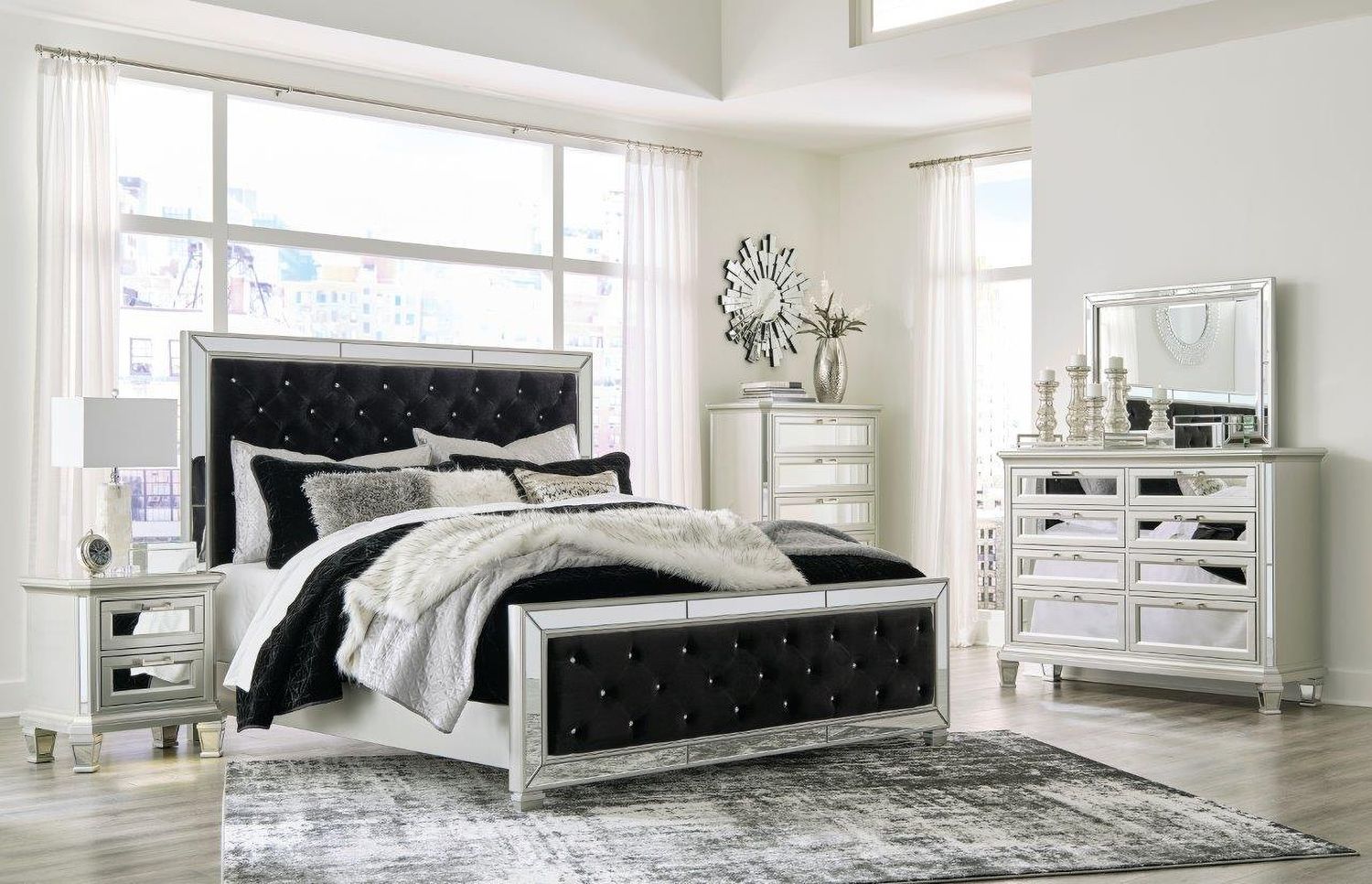 Lindenfield Black and Silver Queen Upholstered Panel Bed B758B2