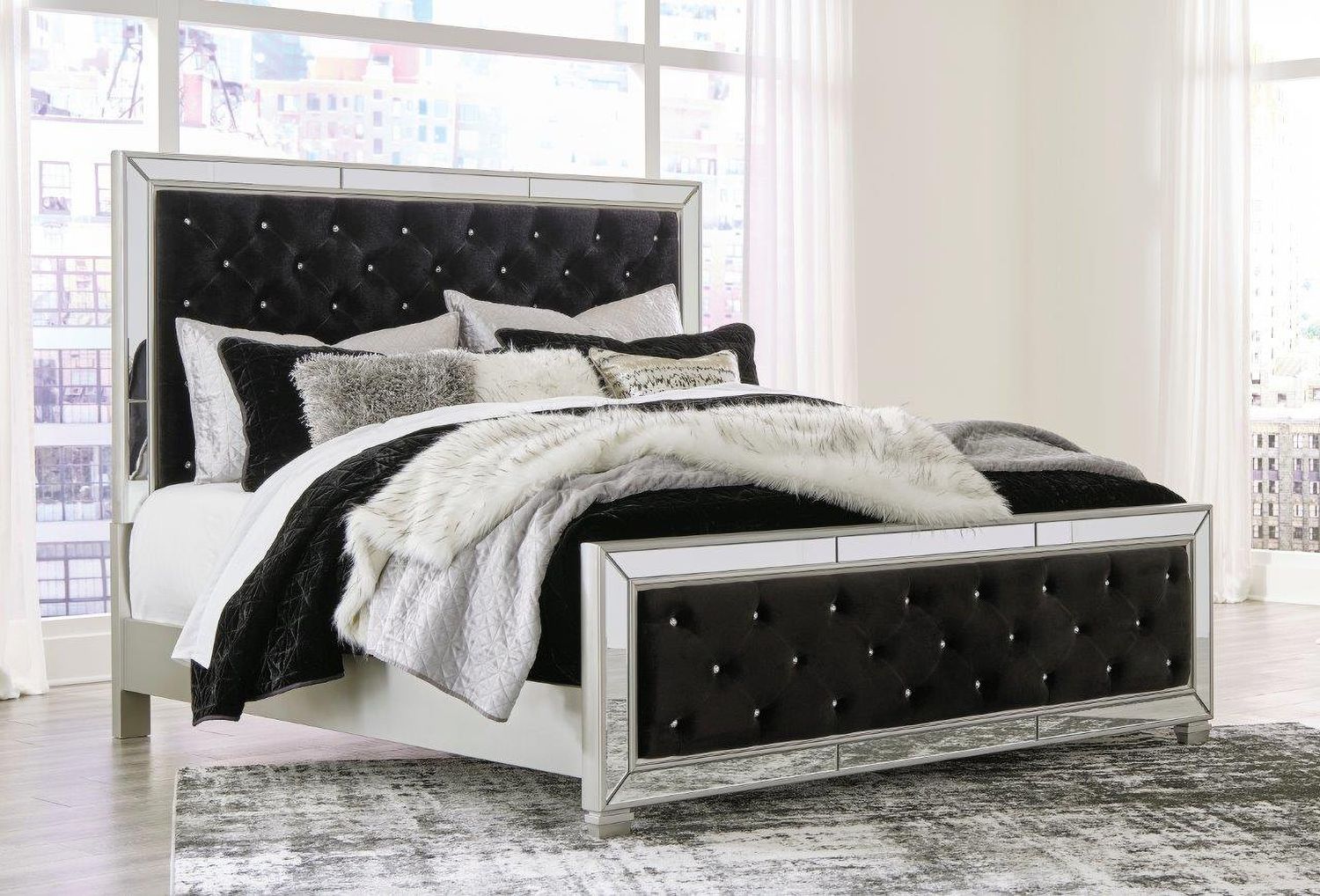 Lindenfield Black and Silver King Upholstered Panel Bed B758B8