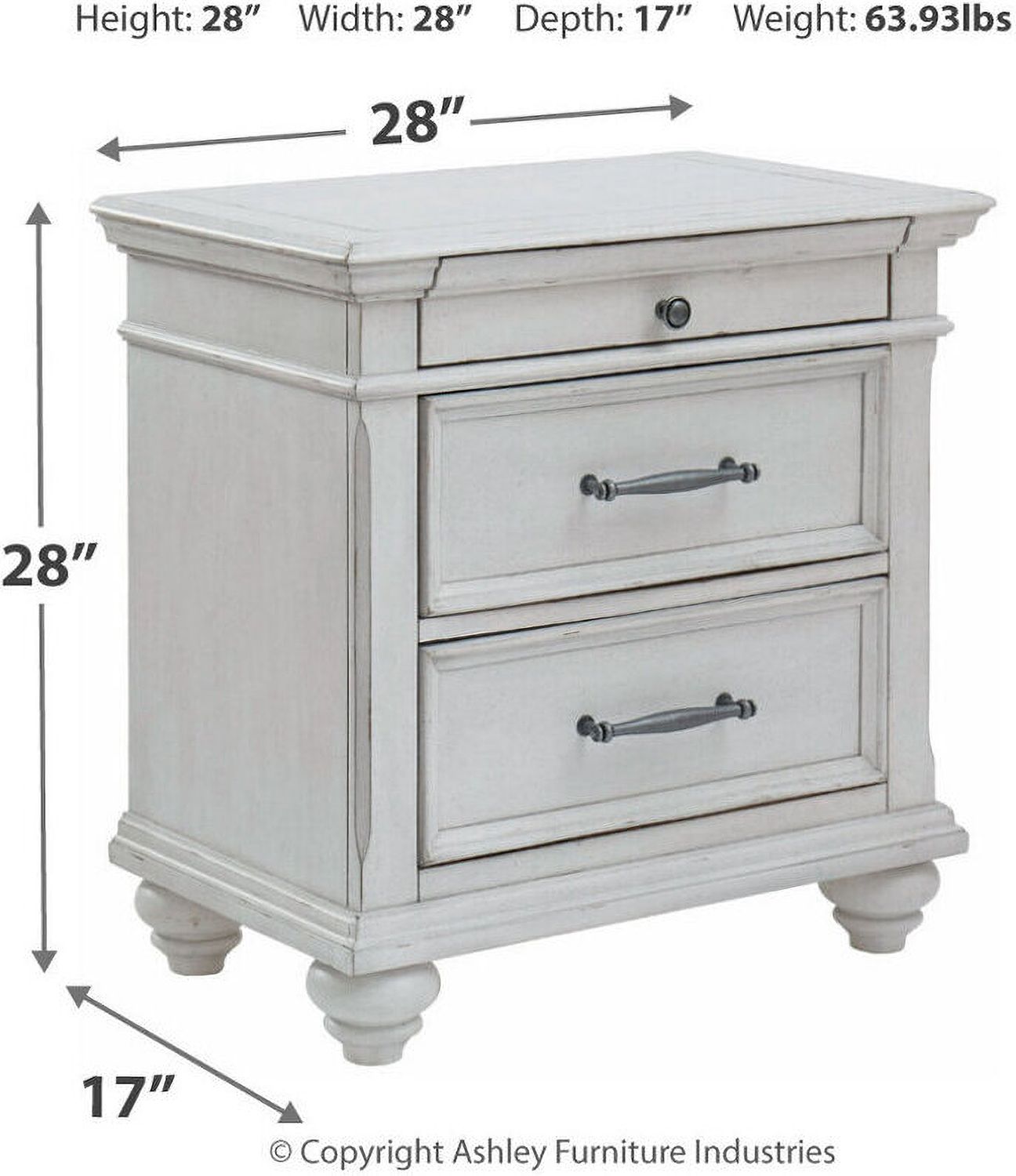 Kanwyn Whitewash Three Drawer Night Stand B77793
