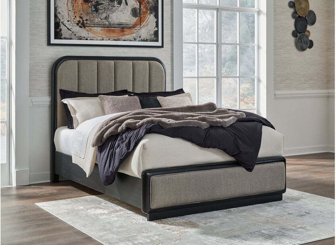 Rowanbeck Queen Upholstered Panel Bed In Black and Gray B821B2